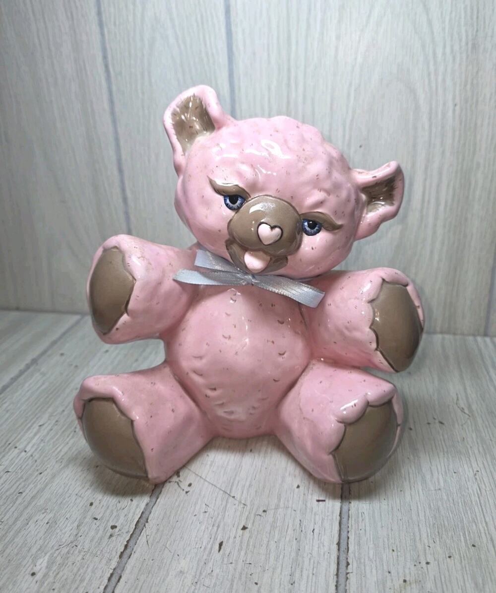 Vtg 1987 Pink Teddy Bear Bank Hand Painted Ceramic Signed Cottagecore Heritage